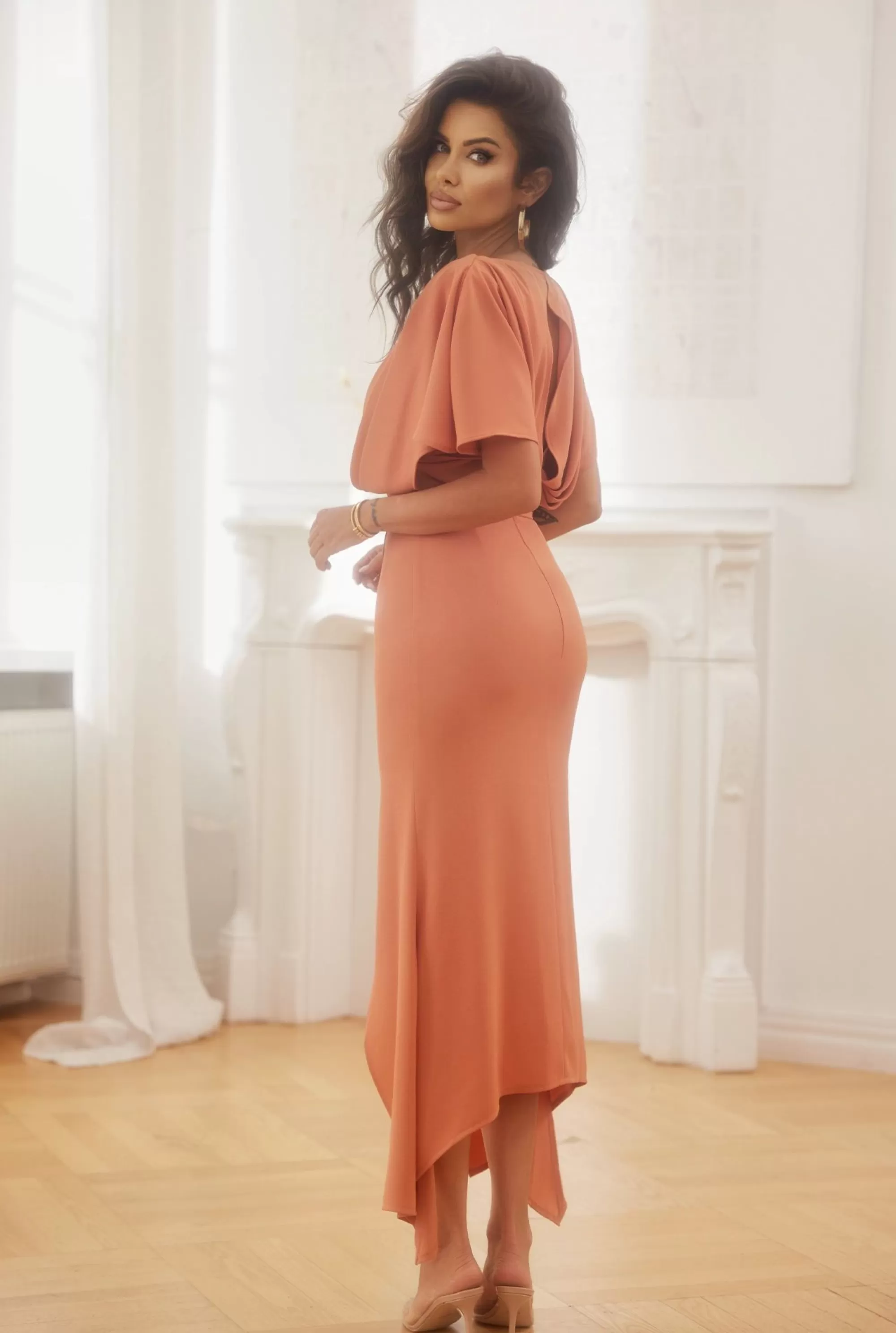 Sale Ariks - Unique Midi Dress In A Shade Of Pastel Orange Women Wedding