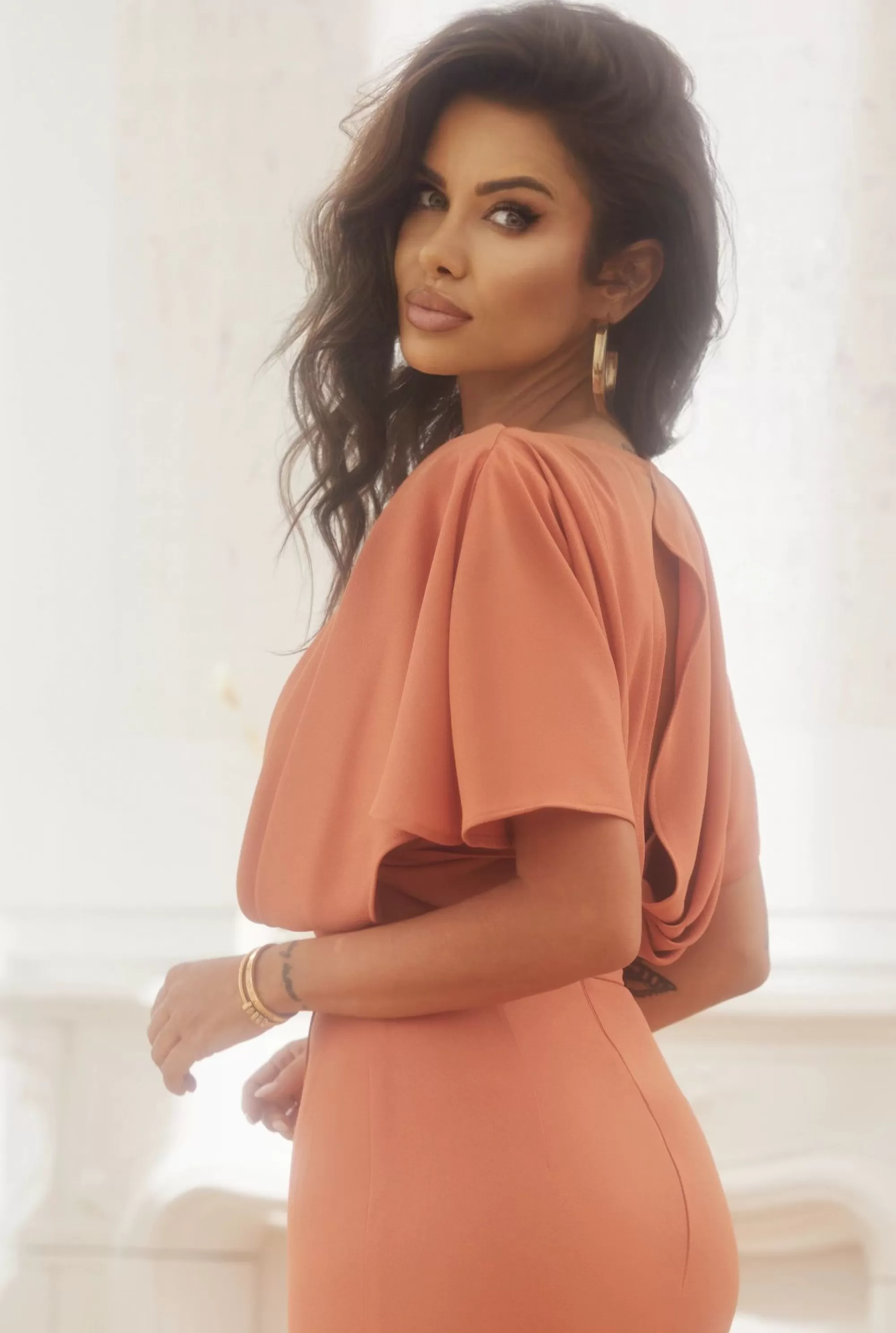Sale Ariks - Unique Midi Dress In A Shade Of Pastel Orange Women Wedding