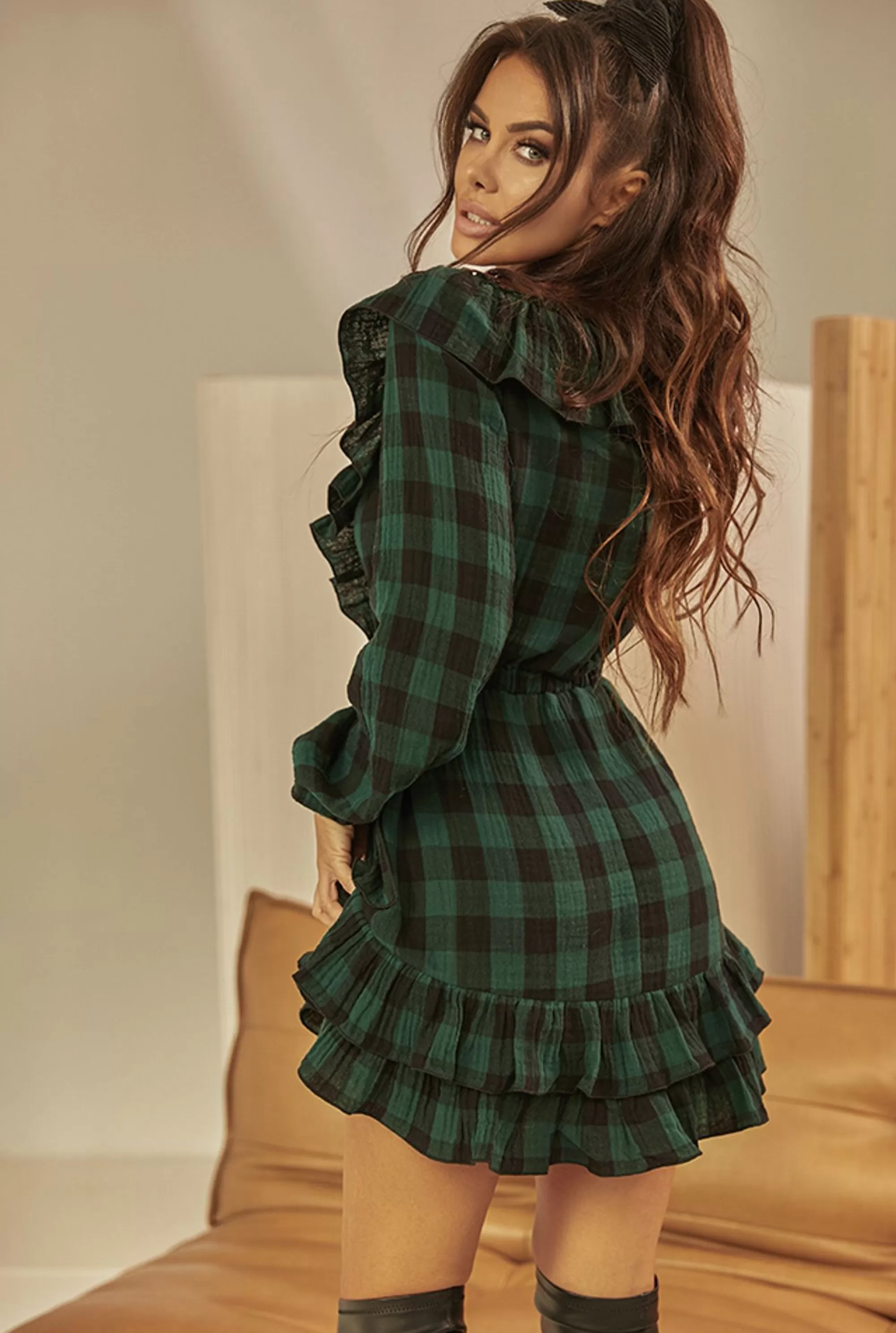 Best Manuka - Bottle Green Checkered Dress Women Every Day